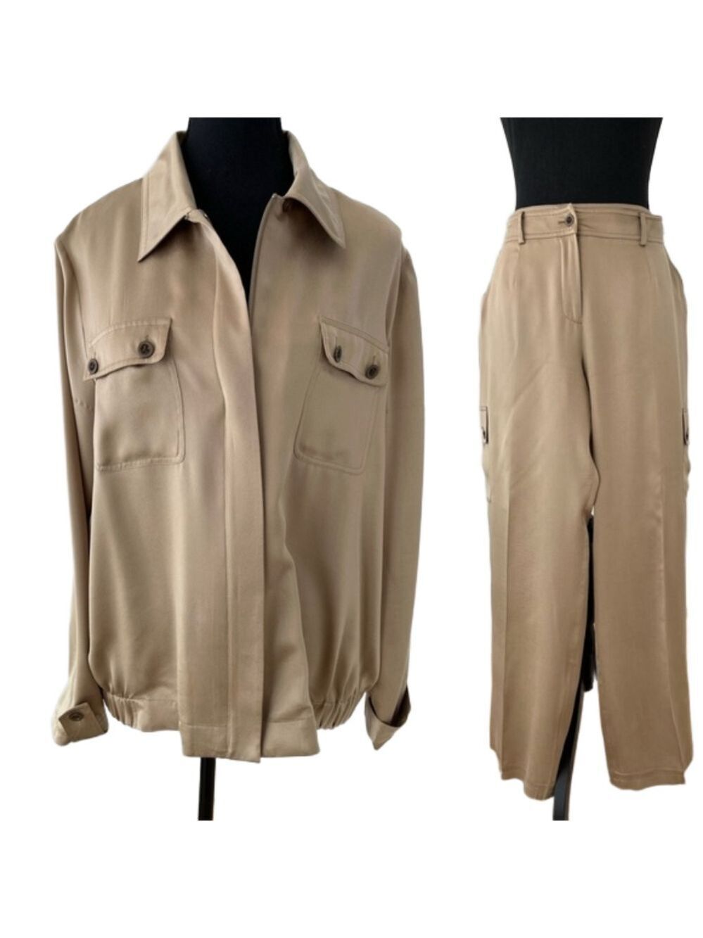SILK 2 Piece Nygard Collection Bomber Style Jacket Cargo Pants Safari Chic